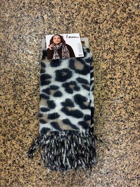 I AM Leopard Print Scarf NWT Black Gray Tan Fringe